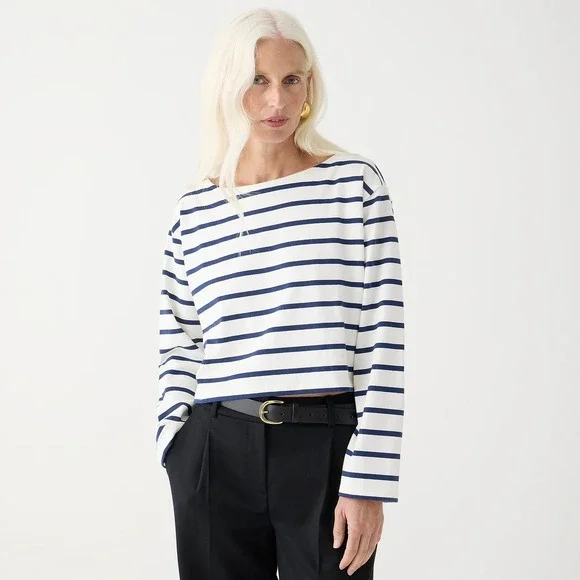 J Crew Cropped Boatneck T-shirt in Mariner Cotton Blue Stripe Sz 2X NEW Preppy - Picture 2 of 7